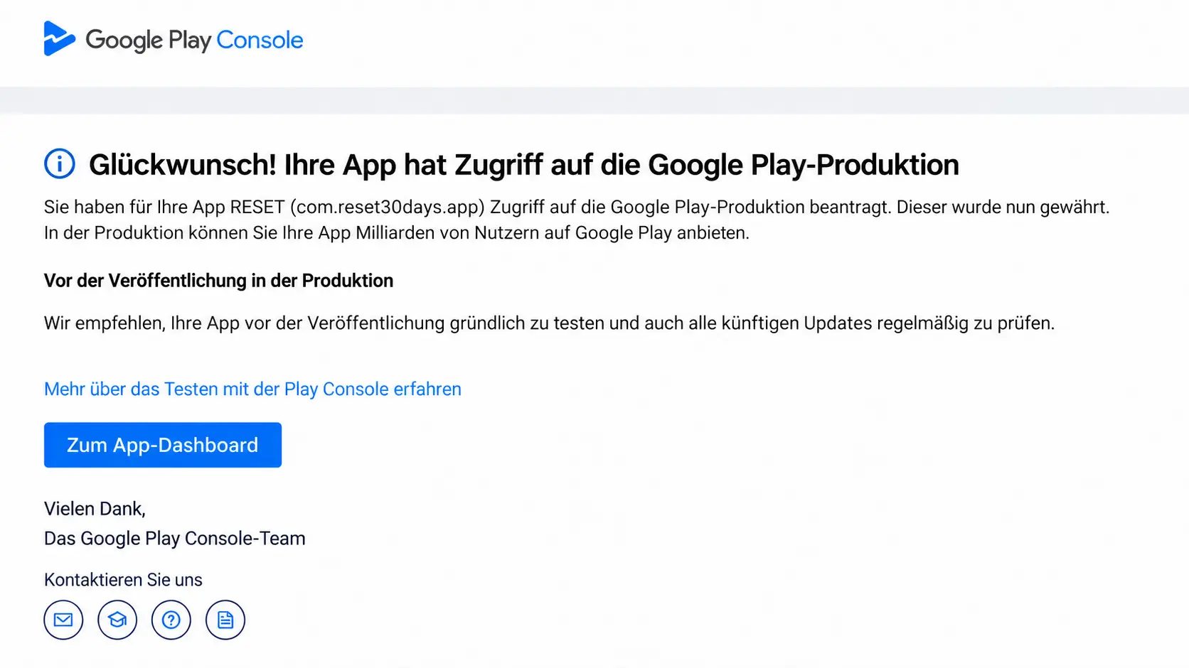 Google Play Console bestätigt den Produktionszugang für die RESET-App
