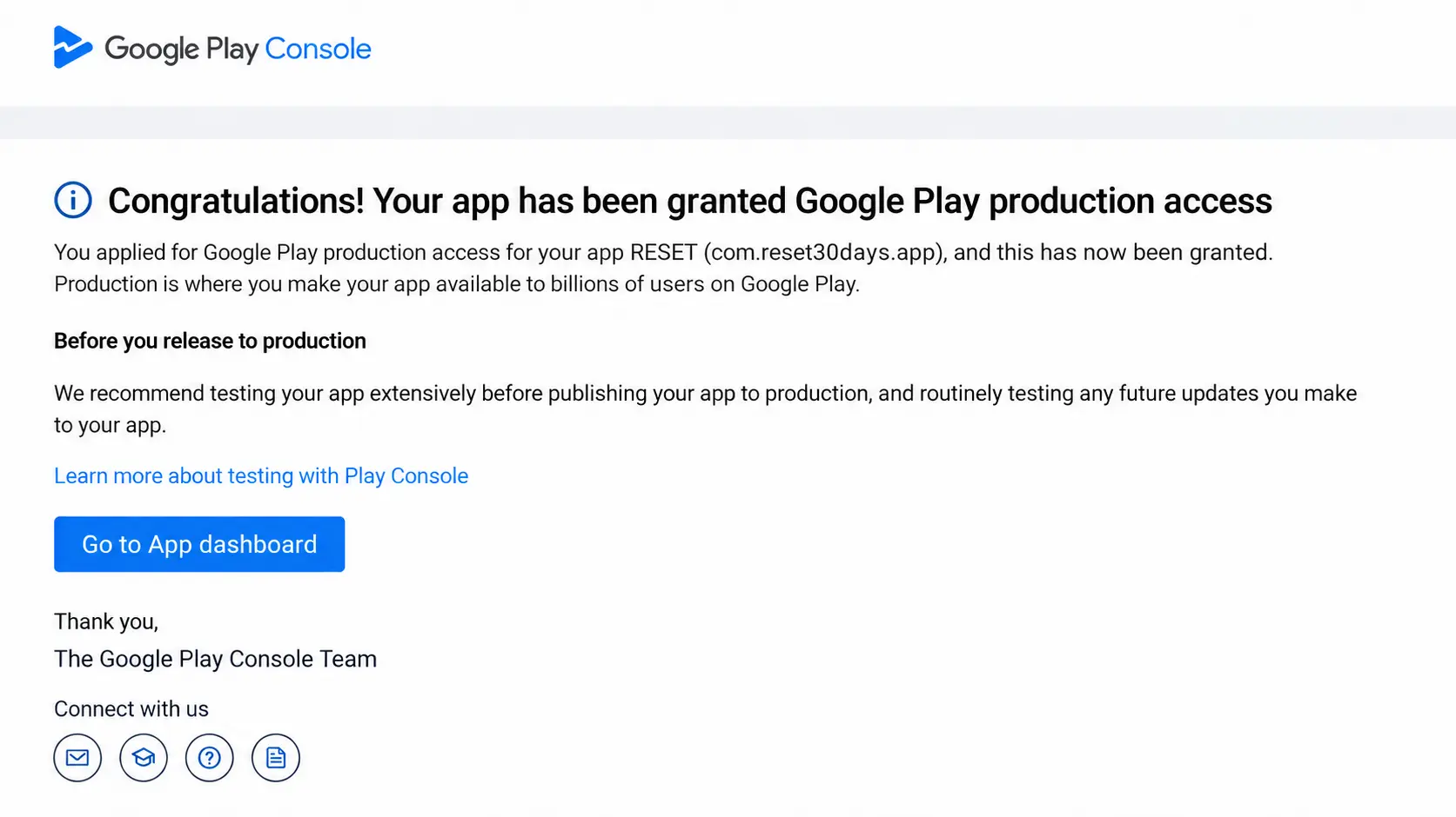Google Play Console confirms production access for RESET app